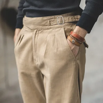 Maden Vintage Adjustable High Waist Gurkha Pants Men's Casual  Double Pleated  Straight Tapered Pants Amekaji Cotton Trousers