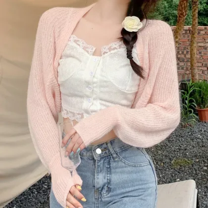 Combhasaki Women's Summer Open Front Bolero Shrug Long Sleeve Solid Color Sun Protection Transparent Knitted Cropped Cardigans