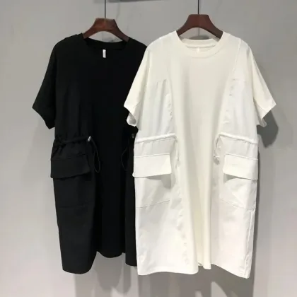 Dresses Fat Extra Large Size 300 g Double Drawstring Waist Stitching Short Sleeve Dress Female Summer Loose Fake Two Skirts 2