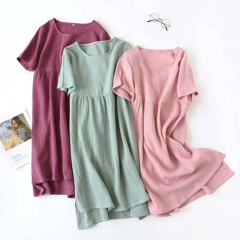 Vintage 100% Cotton Gauze Summer Dress Solid O-Neck Short Long Basic Home Women Sundress Parent-Child Outfit Muslim,121964WLA