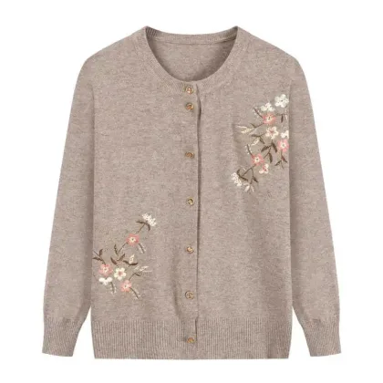 Spring Autumn Thin Knit Cardigan Jackets Grandma Embroidered Long Sleeve Sweater Outerwear Plus Size Short All-match Women's Top