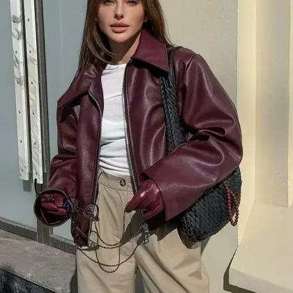 TRAFZA Wine Red Faux Leather Jakcet Fashion Outerwear Thicken Zipper Lapel Pu Coats Autumn Winter Streetwear Ladies Tops Women