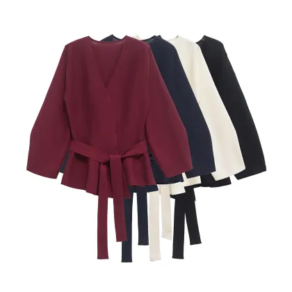 TRAFSHE Spring Women Shoulder Pad Belt Knit Blazer Women Retro V-neck Long Sleeve Versatile Female Coat Women Clothes 9598/128