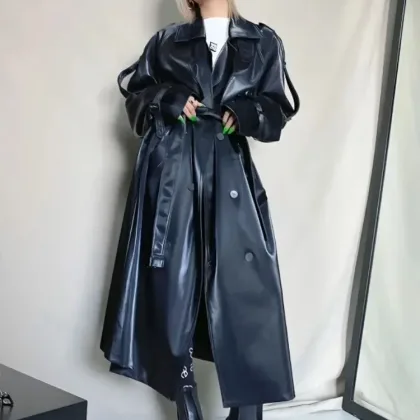 ADAgril Black Leather Trench Coat Women Retro Biker Long Windbreak Jackets Loose Korean Style Fashion Autumn Winter Clothes New