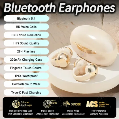 TWS Earbuds Ear Clip Bluetooth Earphones 28H Playtime ENC Noise Cancelling IPX4 Waterproof Hands-Free for iOS/Android - Apricot