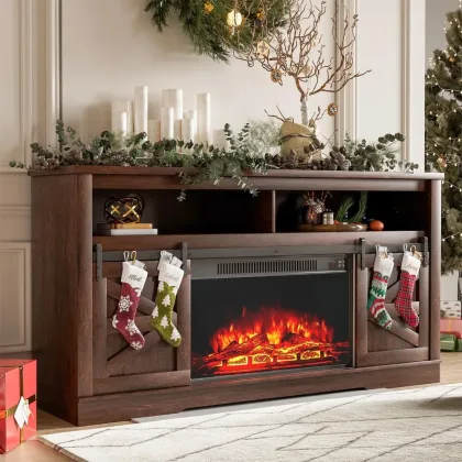 Fireplace TV Stand for Television up to 65+ Inch with Storage and Farmhouse Sliding Barn Doors, Entertainment Center with Cabin