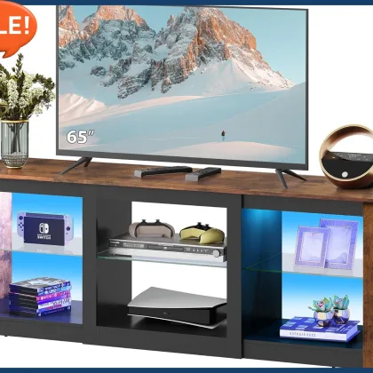 LED TV Stand for 65-Inch TV, 58-Inch Entertainment Center with Adjustable Glass Shelves, Modern Media Console