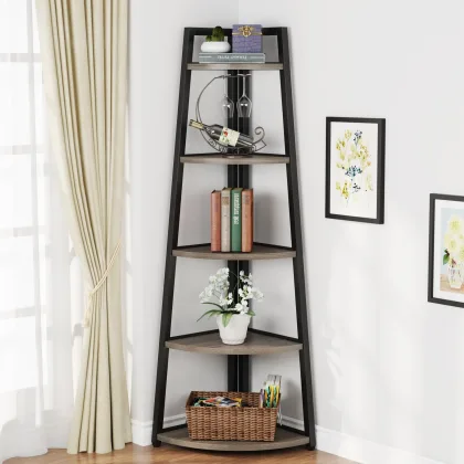 Tribesigns 70 inch Tall Corner Shelf, 5 Tier Industrial Corner Bookshelf Bookcase Industrial Corner Ladder Shelf Plant Stand