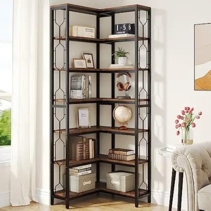 Corner Shelf, 7-Tier Industrial Corner Bookshelf, Freestanding Display Shelf for Living Room, Kitchen, Home Office, Dark Brown