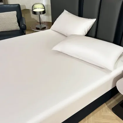 Silky Elastic Fitted Sheet Set,Shiny Solid White Bed Linens,Soft Bamboo Lyocell Fiber Mattress Cover+Pillowcase for 1.5m Bed 3pc