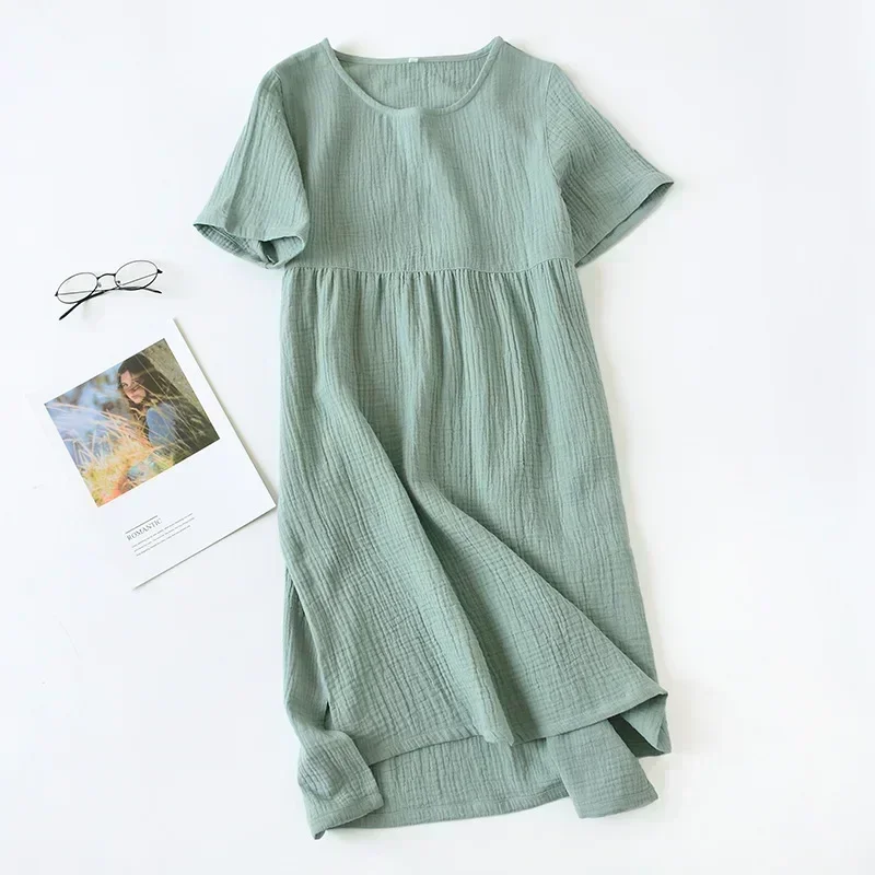 Vintage 100% Cotton Gauze Summer Dress Solid O-Neck Short Long Basic Home Women Sundress Parent-Child Outfit Muslim,121964WLA - Image 2