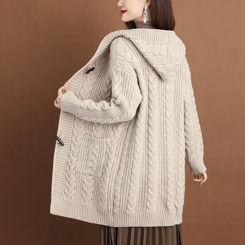 2024 Autumn Winter Thicken Sweaters5XL Large Size New Fashion Hooded Knitted Outerwear Women's Cardigan Sweater Knitting Jacket - Image 5