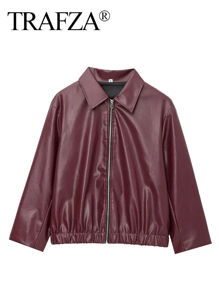 TRAFZA Wine Red Faux Leather Jakcet Fashion Outerwear Thicken Zipper Lapel Pu Coats Autumn Winter Streetwear Ladies Tops Women - Image 2