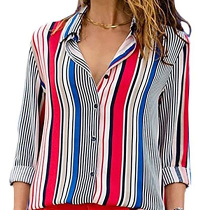 Office Lady Long Sleeve Striped Lapel Chiffon Blouse – Elegant Loose Chic Women Tunic