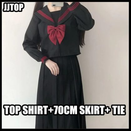 High Quality Black Japanese JK Sailor School Uniform Pleated Long Skirt Set