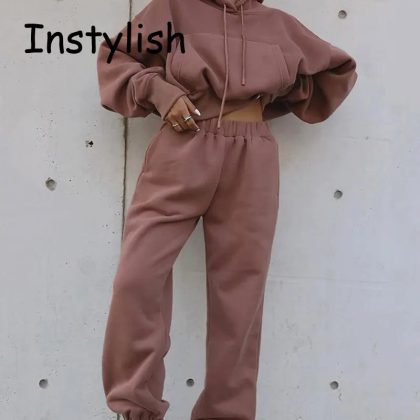 Women Fleece Two Piece Set Y2K Vintage Hoodie Sweatpants Tracksuit