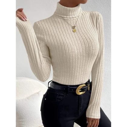 Plus Size Women’s Ribbed Knit Turtleneck Sweater 1XL–5XL – Long Sleeve Light Gray Slim Fit Pullover