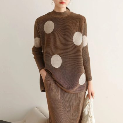 Women High Neck T Shirt Pencil Skirt Miyake Pleated Polka Dot Two Piece Set