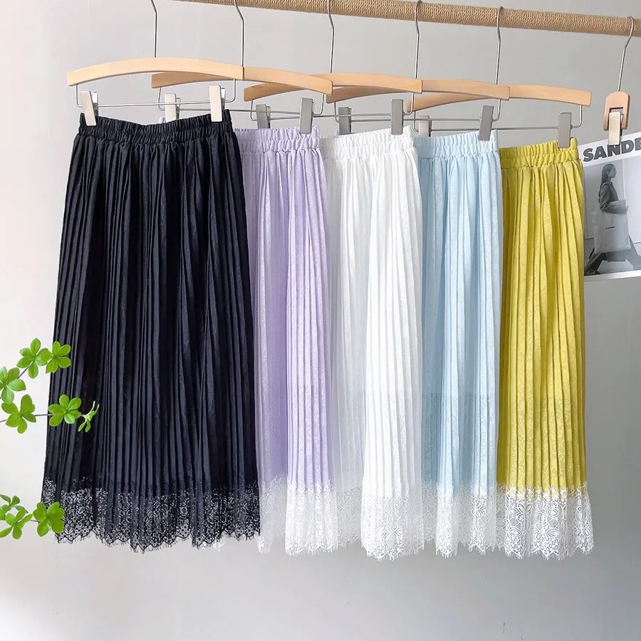 2022 Spring Women Skirts Lace Patchwork Pleated Skirts Sweet Solid Skirt Femme Elastic High Waist Elegant Skirt Women Streetwear - Image 4