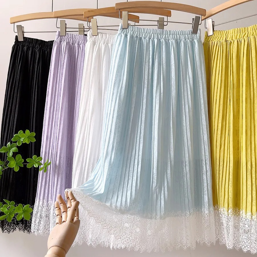 2022 Spring Women Skirts Lace Patchwork Pleated Skirts Sweet Solid Skirt Femme Elastic High Waist Elegant Skirt Women Streetwear - Image 5